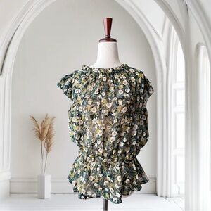 NWT Grade & Gather Black and Green Floral Ruffle Cap Sleeve Peplum Blouse
